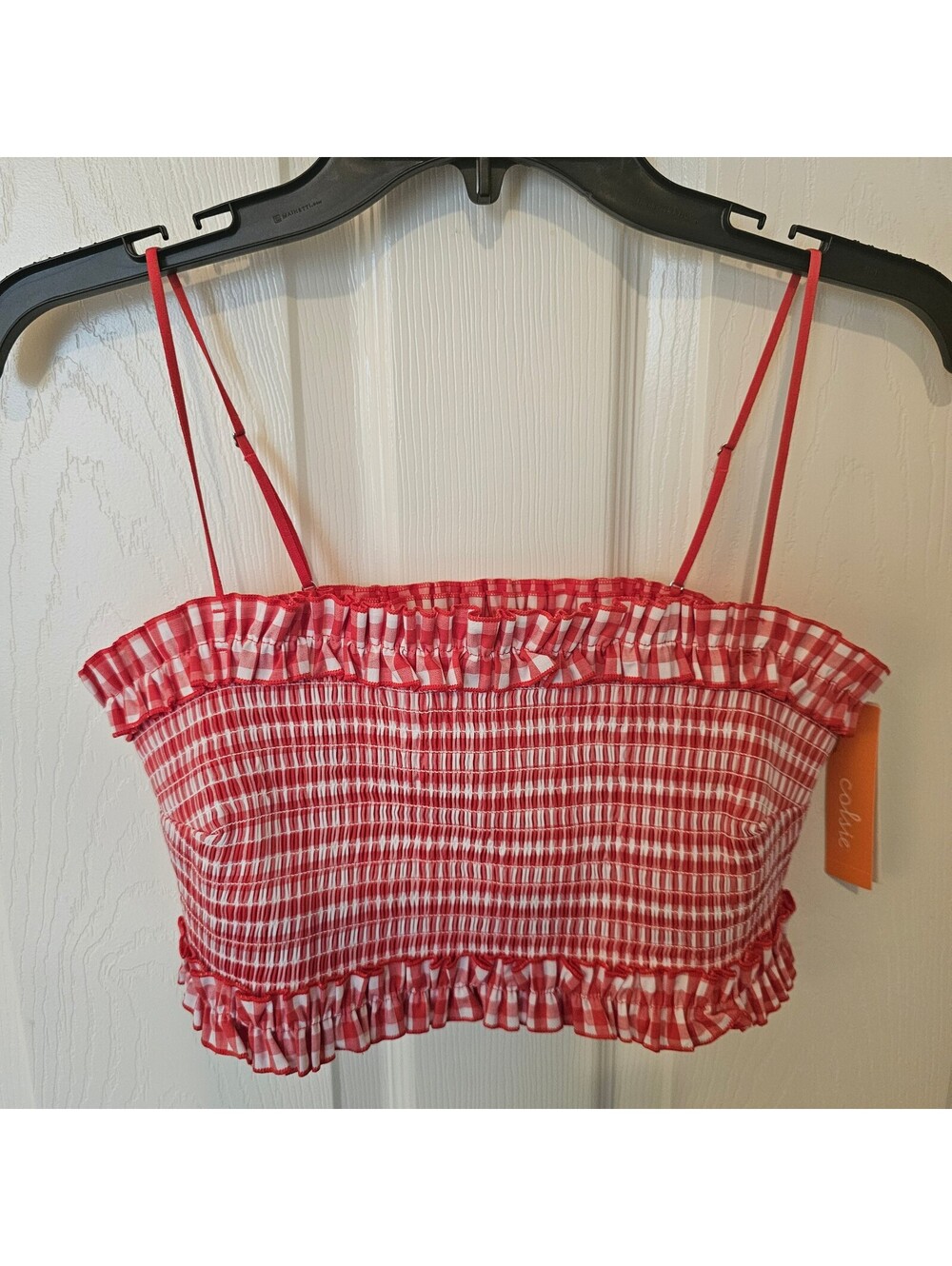 Colsie Crop Top Women Red White Gingham Smocked Ruffle Cottage Coquette size XL